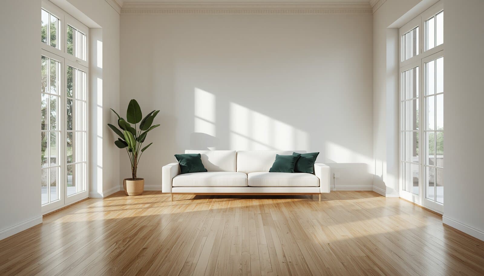 Bright, spotlessly clean living room with wood floors and large windows